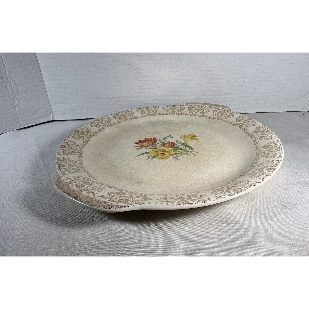 Royal Splendor Handled Serving Plate Beige Floral 22kt Gold Filigree 11.25” - Picture 8 of 12